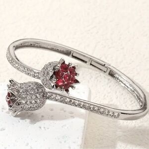 Elegant Silver Bracelet with pink floral design Sterling over stainless.